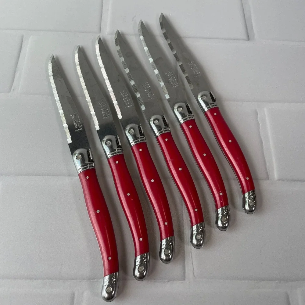 Laguiole Jean Dubost Steak Knife Set 6 Piece Red Handles French Stainless Steel